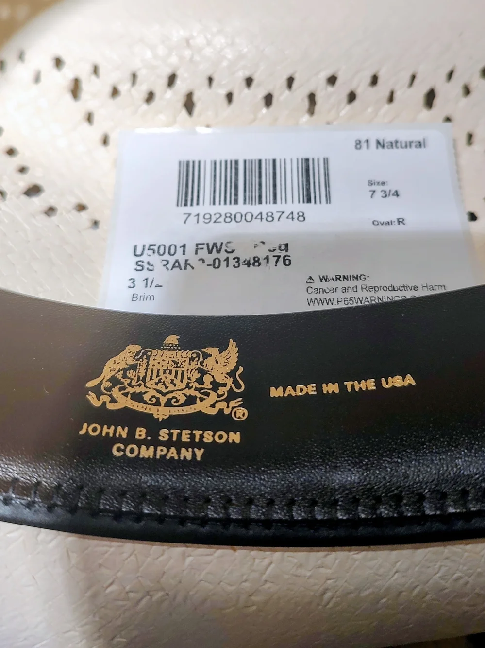 Stetson Natural Straw Cowboy Hat with Black Band. 6X size 7 3/4 NWT